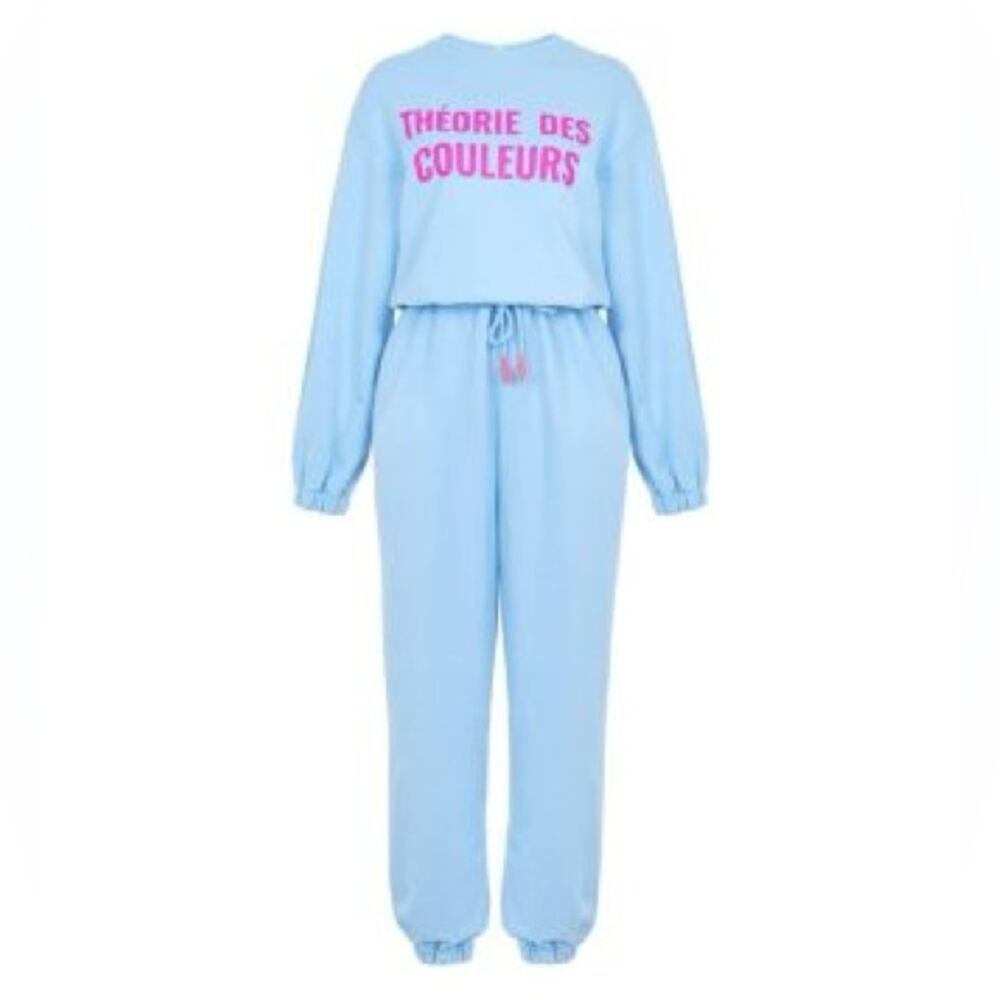 Nocturne Blue Knit Jumpsuit Pink Graphic Lounge Set Onesie Pajama Medium NWOT - Picture 4 of 10